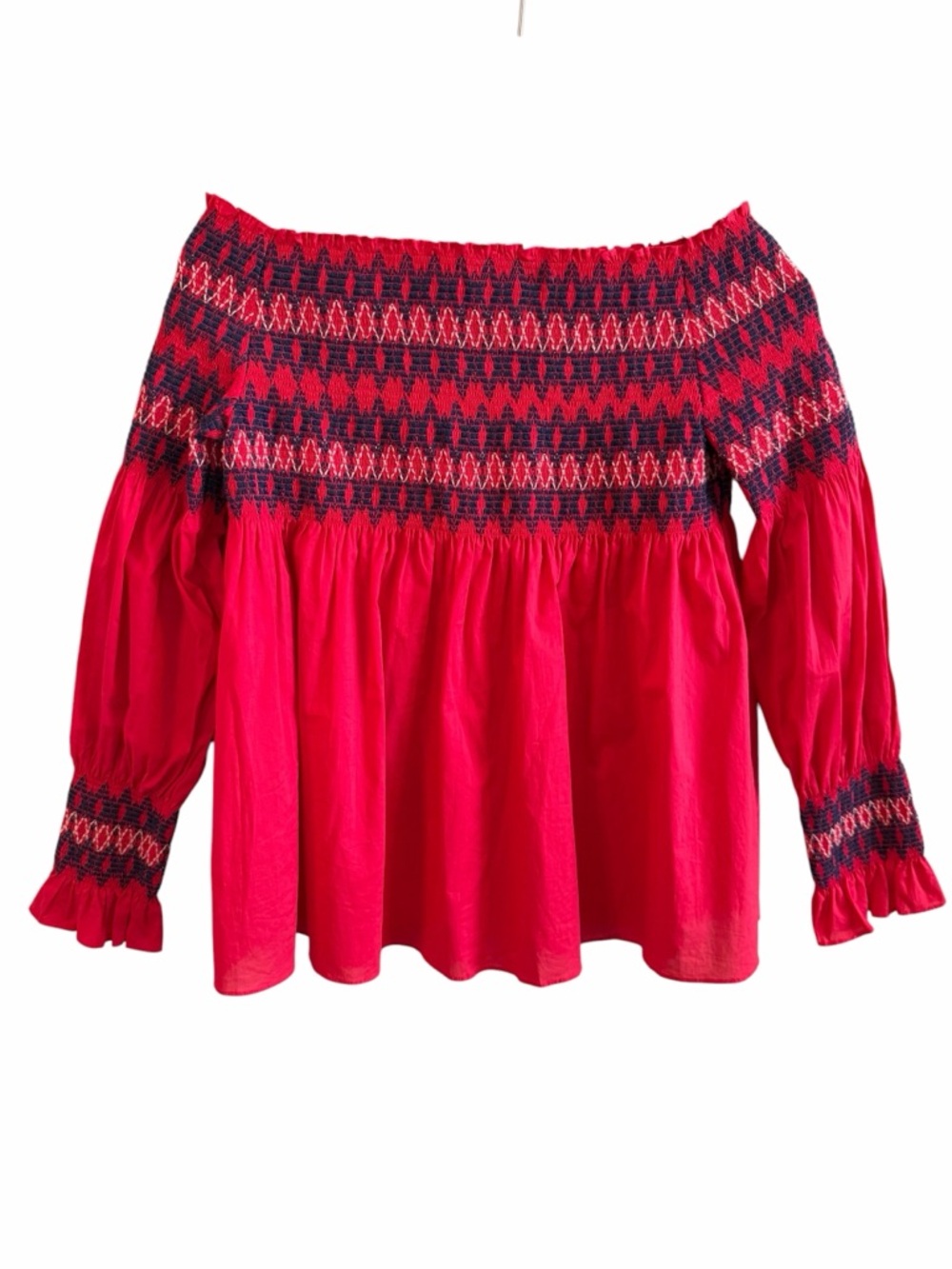 Maje Top Womens Sz S Red Navy Off Shoulder Smocked Embroidered Long Slv Flare